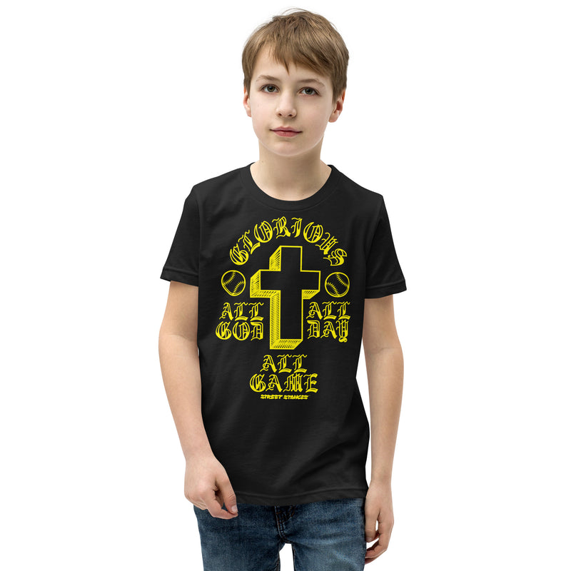 ALL GOD ALL DAY ALL GAME YOUTH BASEBALL DRIP GRAPHIC PRINT T-SHIRT