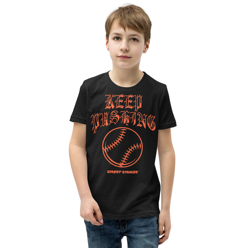 KEEP PUSHING YOUTH BASEBALL DRIP GRAPHIC PRINT T-SHIRT