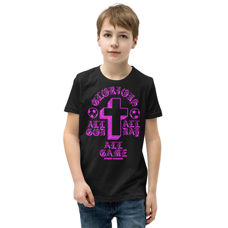 ALL GOD ALL DAY ALL GAME YOUTH SOCCER DRIP GRAPHIC PRINT T-SHIRT