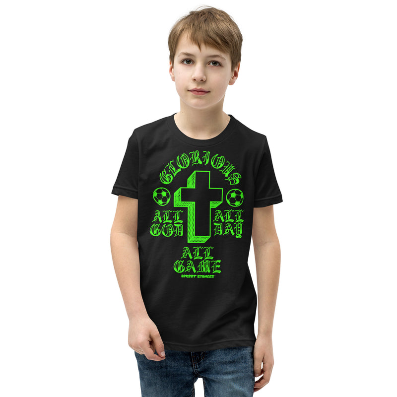 ALL GOD ALL DAY ALL GAME YOUTH SOCCER DRIP GRAPHIC PRINT T-SHIRT