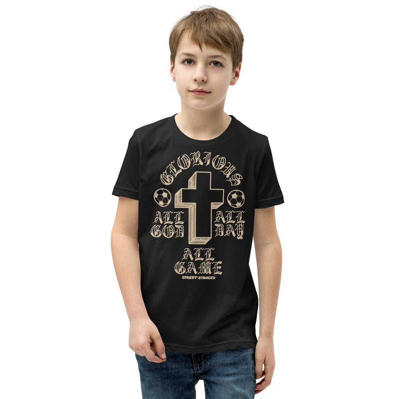 ALL GOD ALL DAY ALL GAME YOUTH SOCCER DRIP GRAPHIC PRINT T-SHIRT