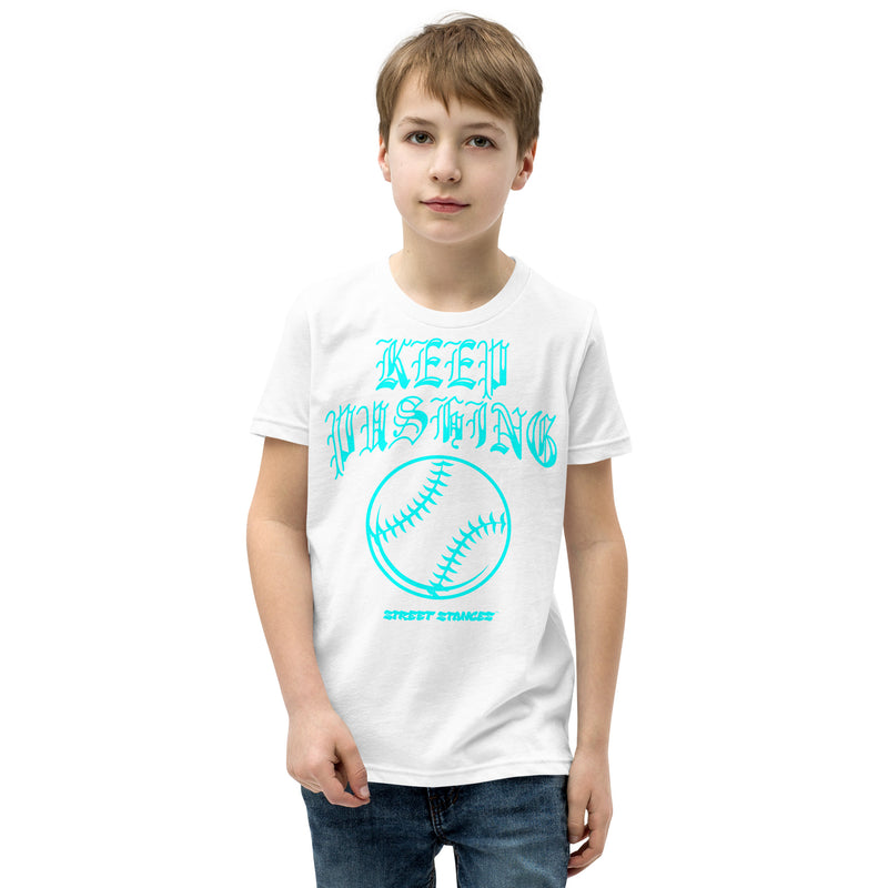 KEEP PUSHING YOUTH BASEBALL DRIP GRAPHIC PRINT T-SHIRT