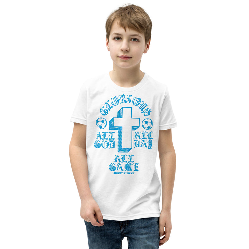 ALL GOD ALL DAY ALL GAME YOUTH SOCCER DRIP GRAPHIC PRINT T-SHIRT